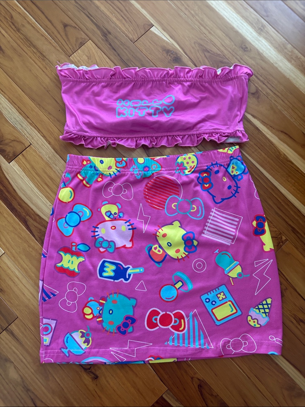 Hello Kitty Pink Ruffle Bandeau Top with Bright Printed Skirt Swim Set